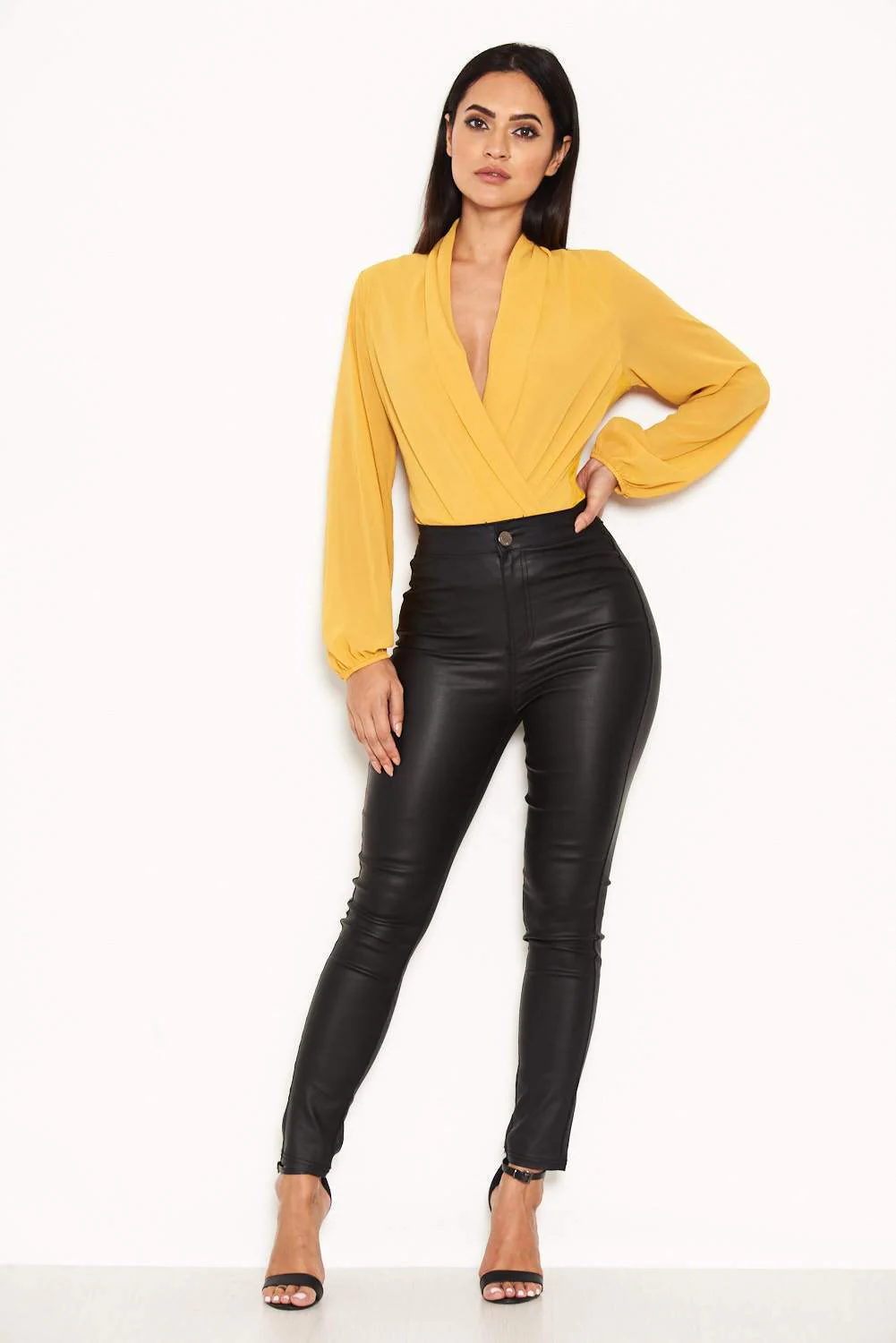 Mustard Mesh Detail Sleeved Bodysuit - Image 2