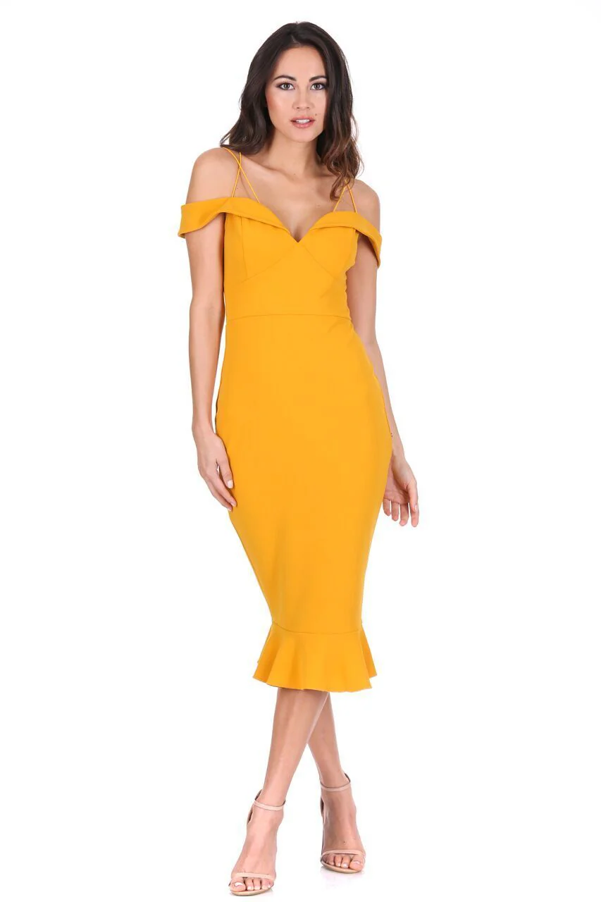 Mustard Off The Shoulder Strappy Fishtail Dress - Image 2
