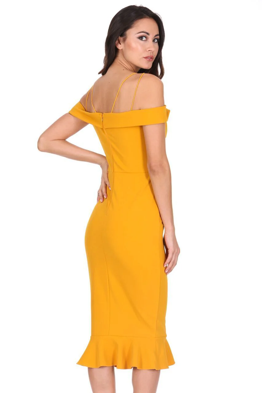 Mustard Off The Shoulder Strappy Fishtail Dress - Image 3