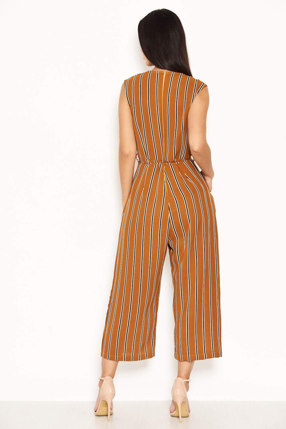 Mustard Stripe Culotte Jumpsuit With V Neck - Image 3