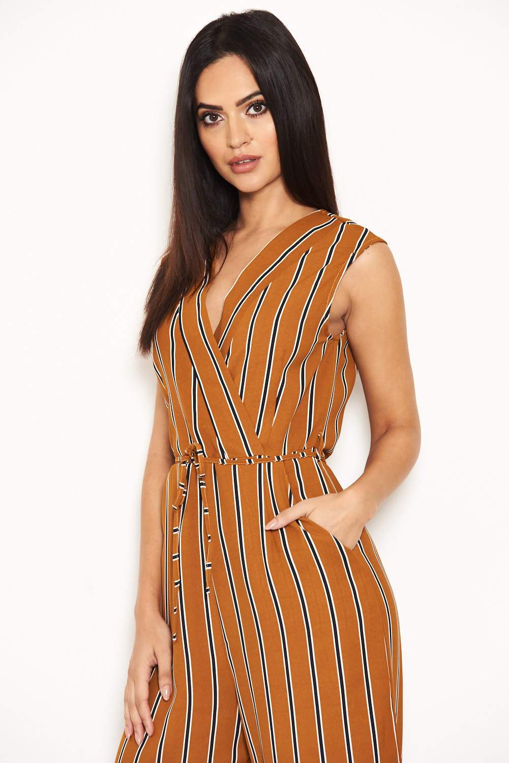 Mustard Stripe Culotte Jumpsuit With V Neck - Image 4