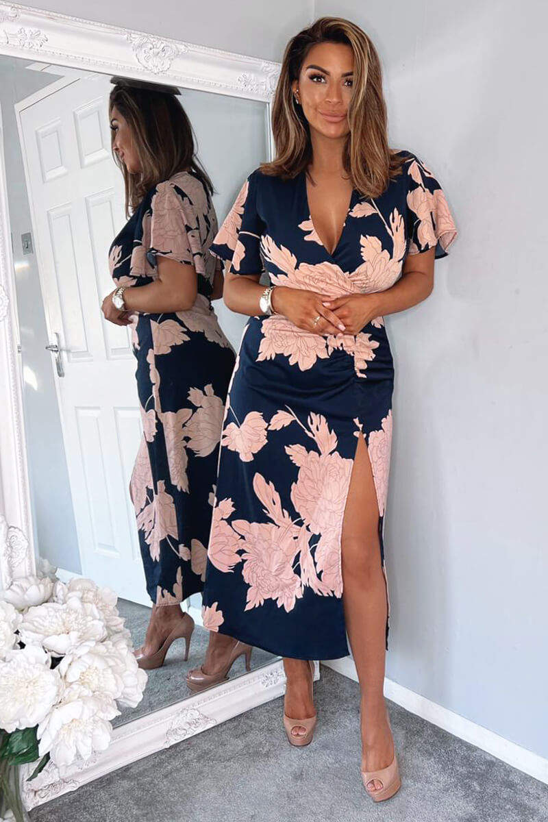 Navy And Blush Floral Print Bell Sleeve Midi Dress - Image 4