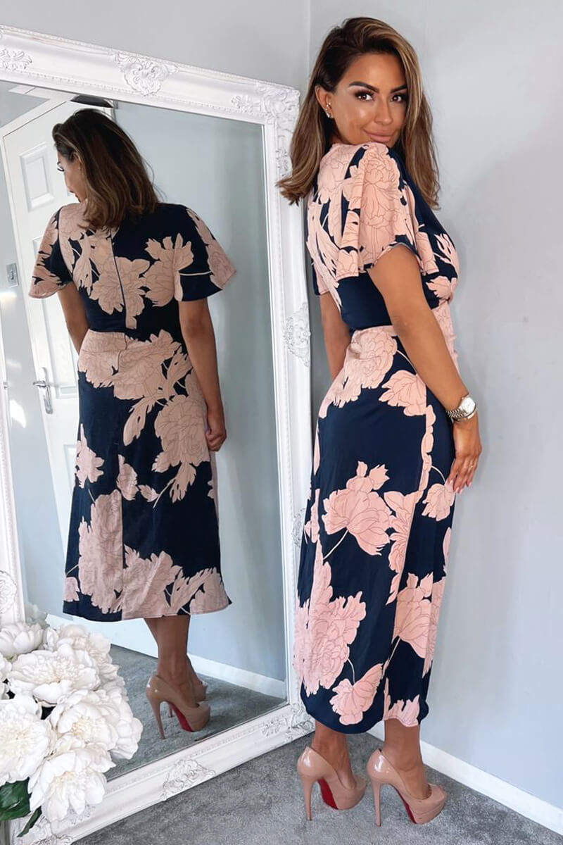 Navy And Blush Floral Print Bell Sleeve Midi Dress - Image 5