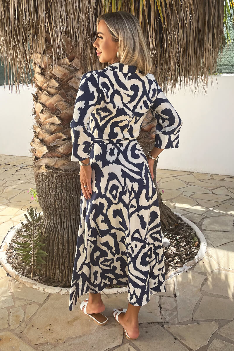 Navy And Cream Abstract Print 3/4 Sleeve Tie Waist Shirt Midi Dress - Image 5