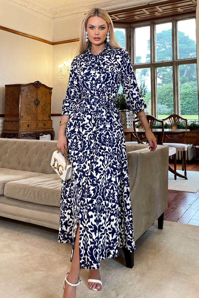 Navy and Cream Printed Shirt Dress - Image 4