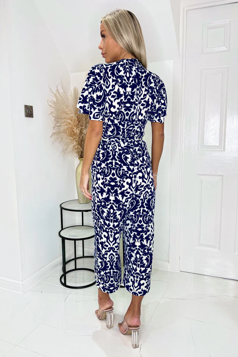 Navy and Cream Printed Wrap Top Short Sleeve Belted Jumpsuit - Image 4