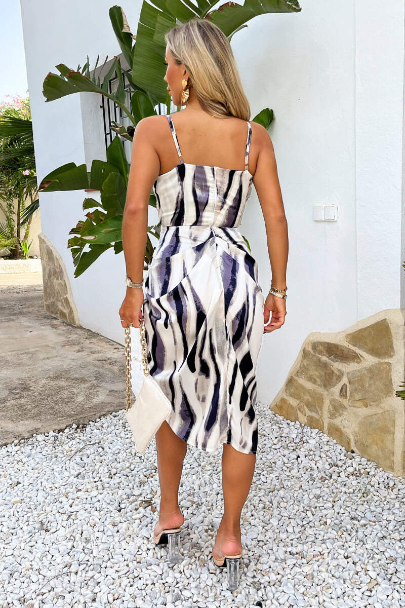 Navy and Cream Stripe Print Strappy Wrap Top Midi Dress - Image 5