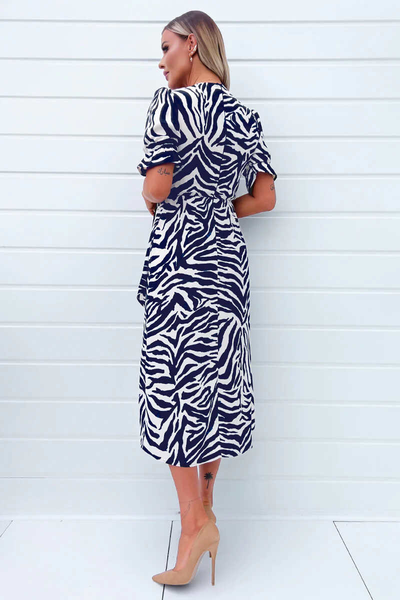Navy and Cream Zebra Printed Wrap Skirt Midi Dress - Image 4