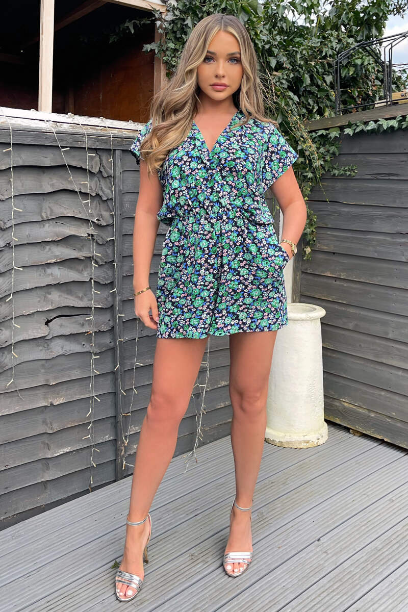 Navy And Green Floral Printed Playsuit - Image 4