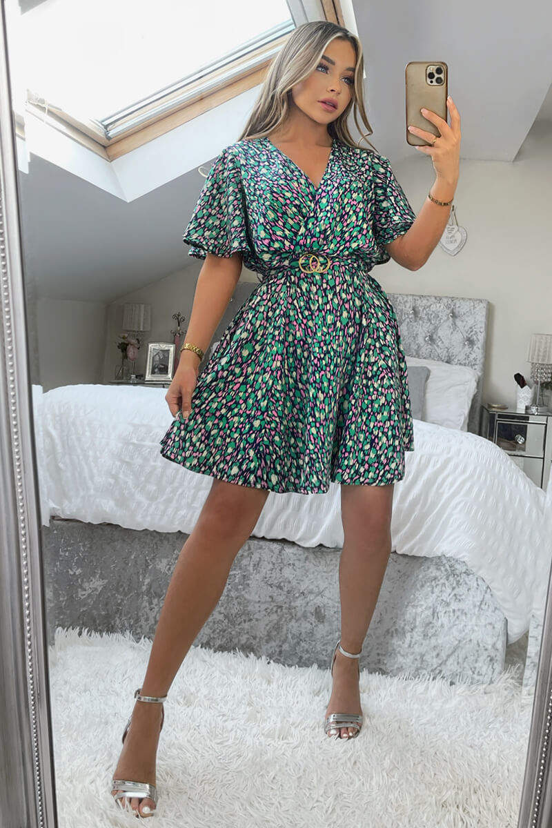 Navy And Green Printed Wrap Over Belted Skater Dress - Image 3