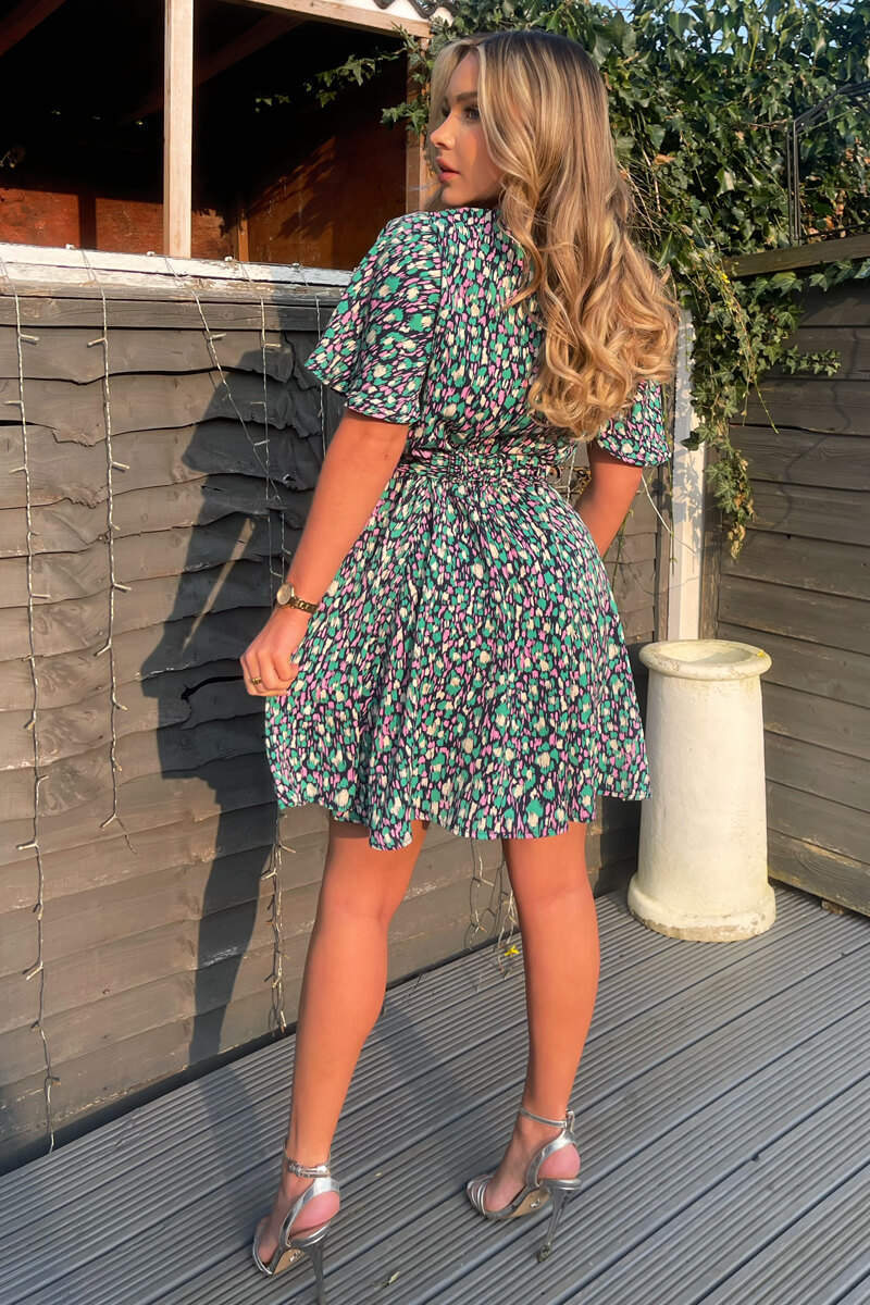 Navy And Green Printed Wrap Over Belted Skater Dress - Image 4