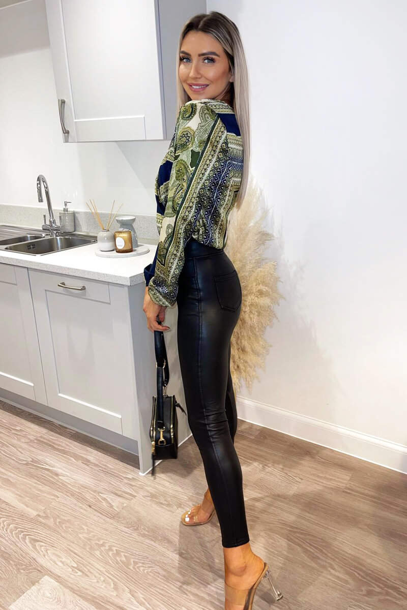 Navy And Green Scarf Print Wrap Bodysuit - Image 3