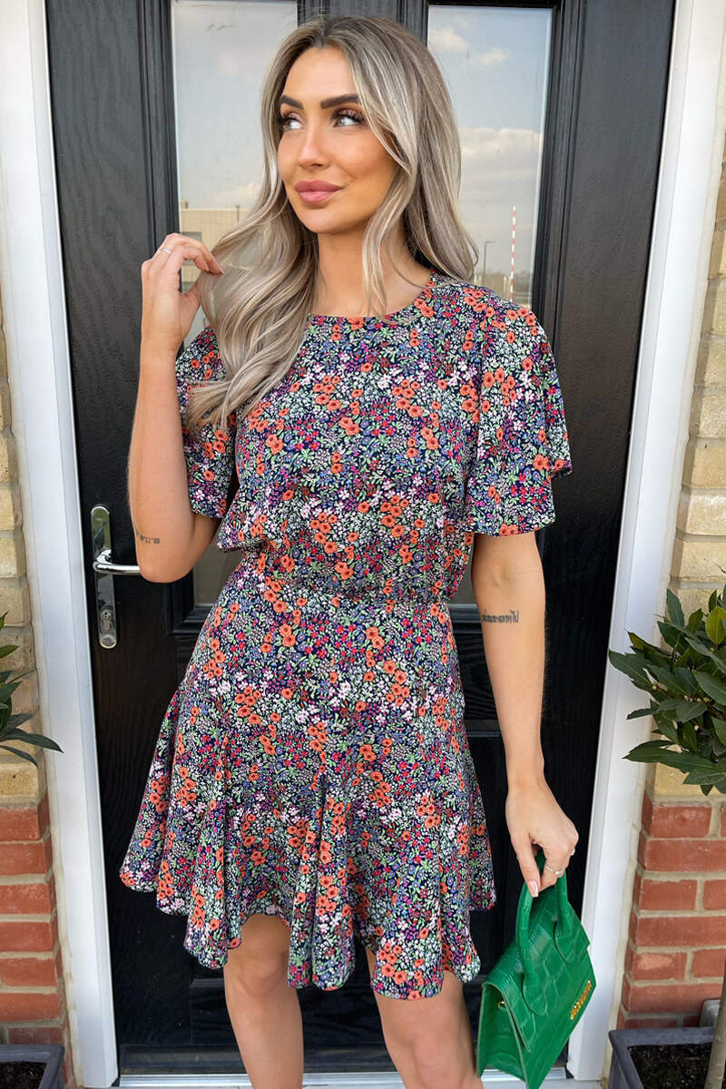 Navy And Orange Floral Print Pleated Mini Dress - Image 2