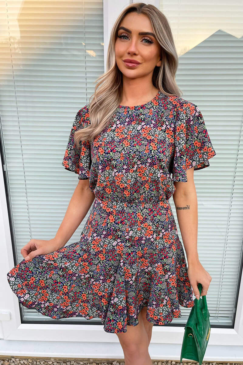 Navy And Orange Floral Print Pleated Mini Dress - Image 3