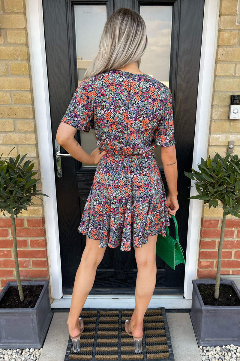 Navy And Orange Floral Print Pleated Mini Dress - Image 5