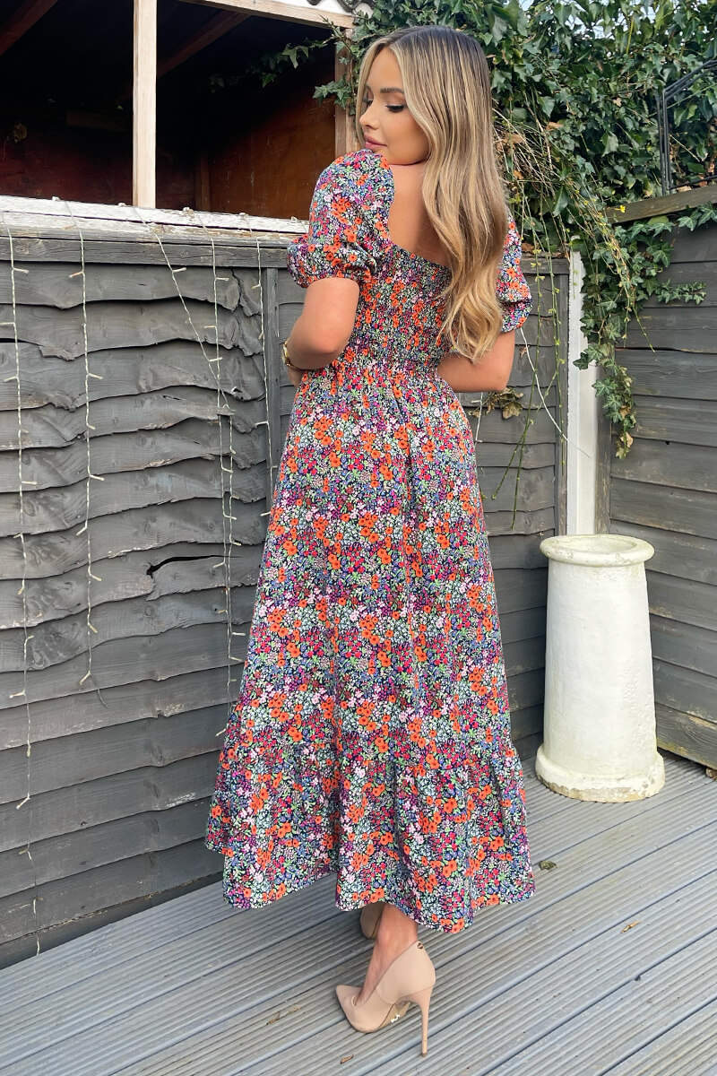 Navy And Orange Floral Printed Puff Sleeve Smock Dress - Image 5