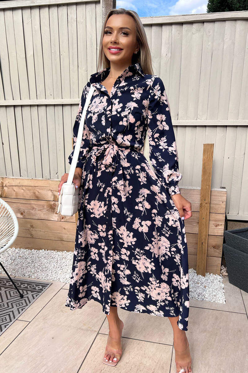 Navy And Pink Floral Button Up Midi Shirt Dress - Image 2