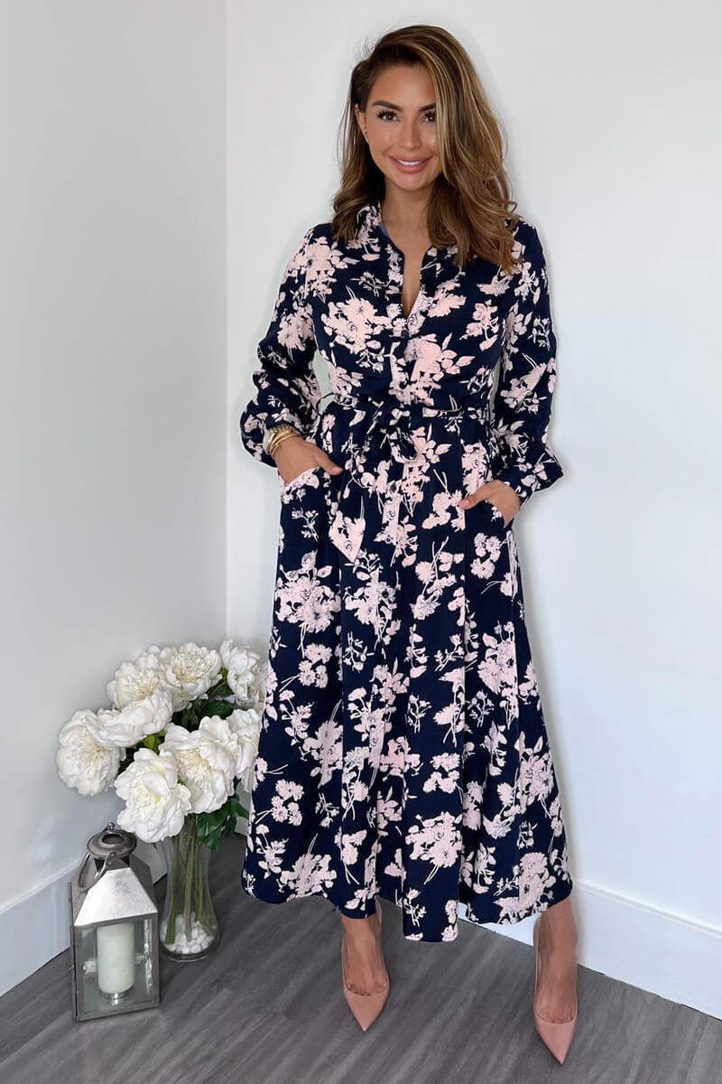Navy And Pink Floral Button Up Midi Shirt Dress - Image 3