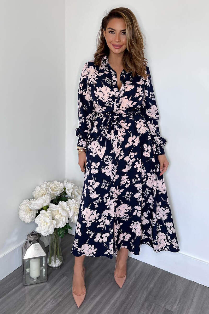 Navy And Pink Floral Button Up Midi Shirt Dress - Image 4