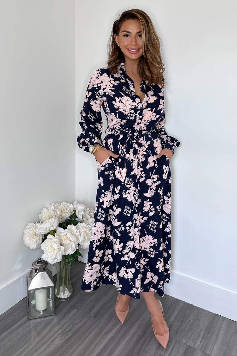 Navy And Pink Floral Button Up Midi Shirt Dress - Image 5