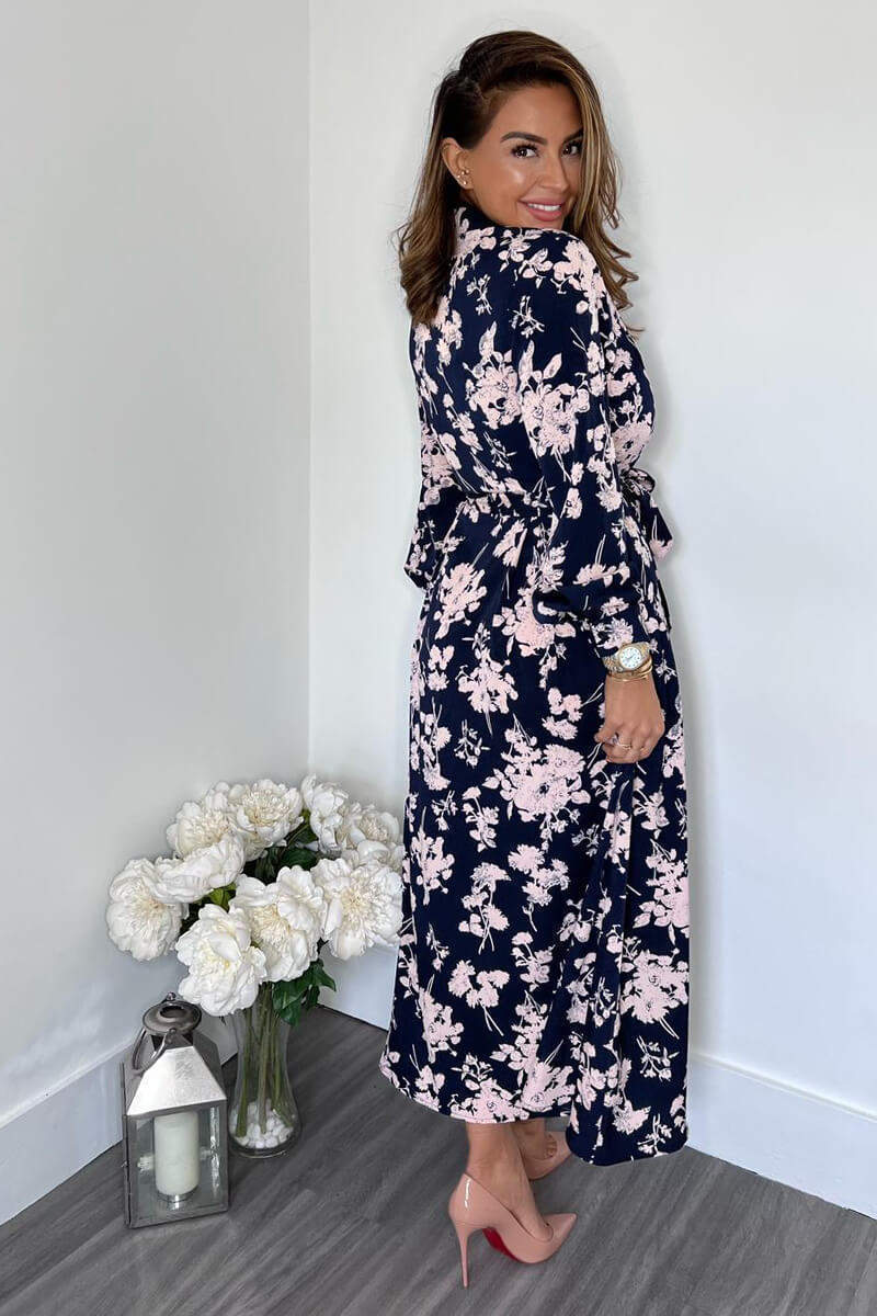 Navy And Pink Floral Button Up Midi Shirt Dress - Image 6