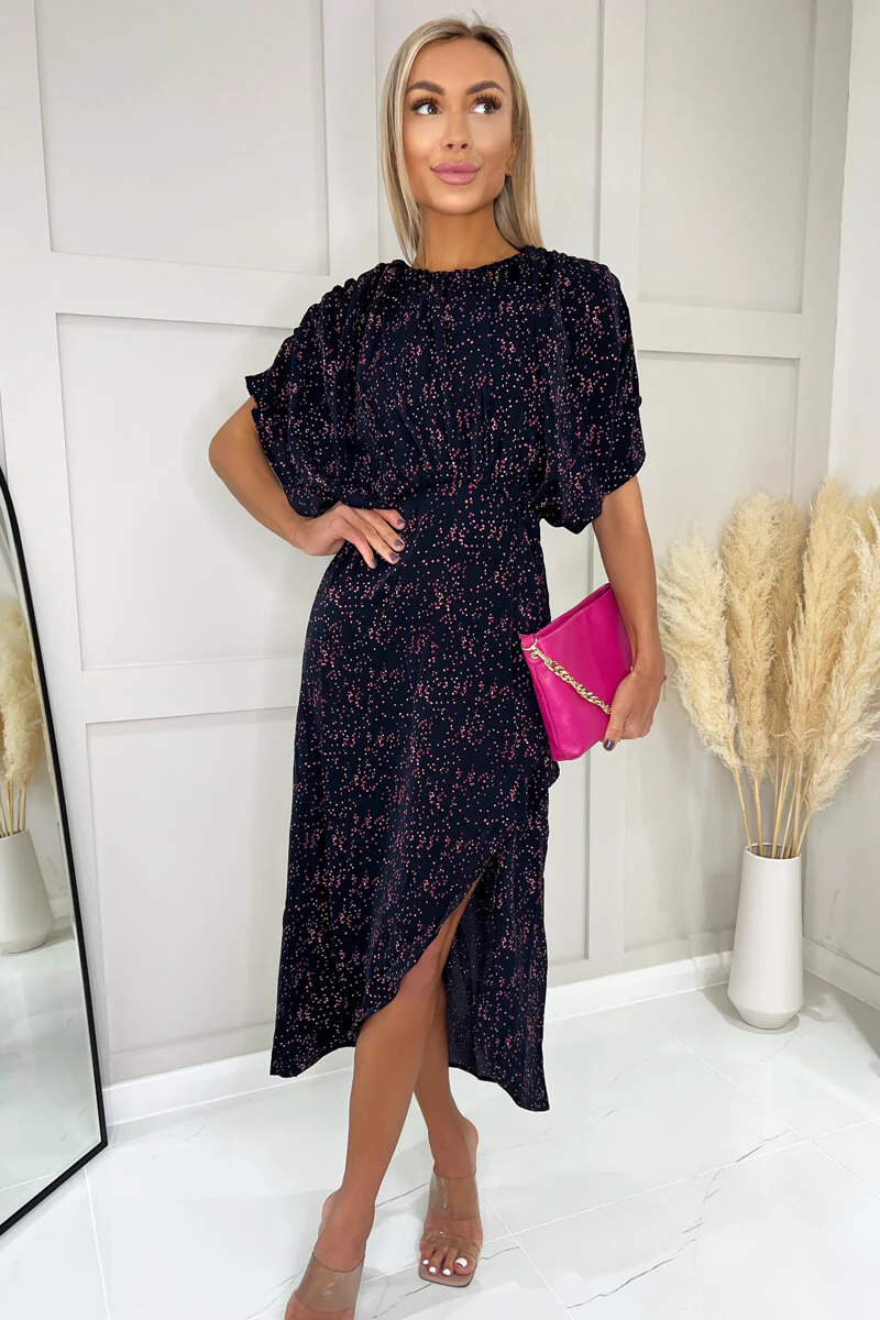 Navy And Pink Printed Wrap Skirt Midi Dress - Image 2