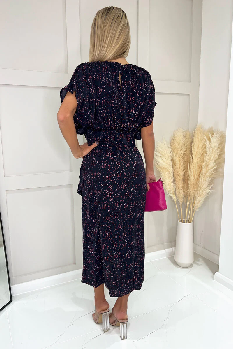 Navy And Pink Printed Wrap Skirt Midi Dress - Image 4