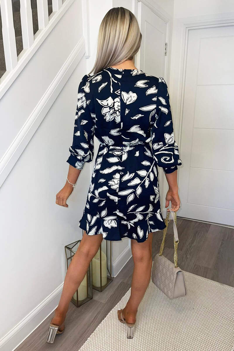 Navy And White Floral Printed Frill Hem Dress - Image 4