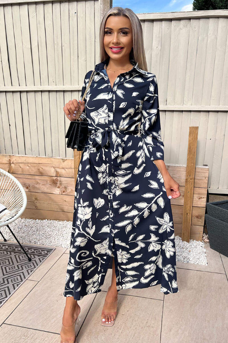 Navy And White Floral Printed Midi Shirt Dress - Image 2