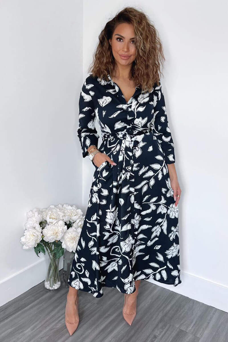 Navy And White Floral Printed Midi Shirt Dress - Image 3