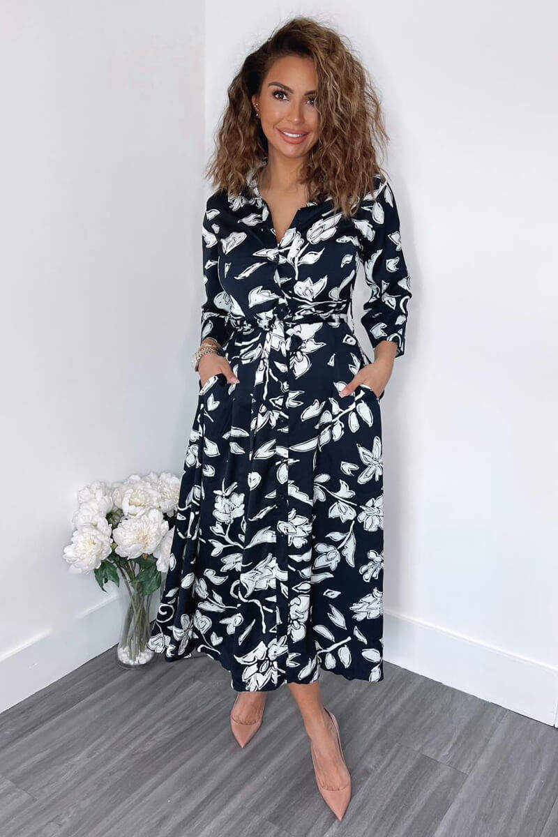 Navy And White Floral Printed Midi Shirt Dress - Image 4