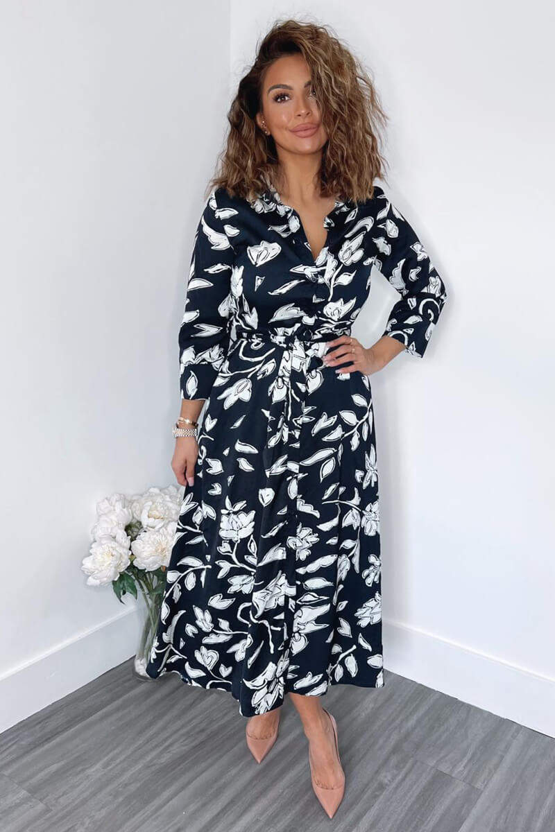 Navy And White Floral Printed Midi Shirt Dress - Image 5