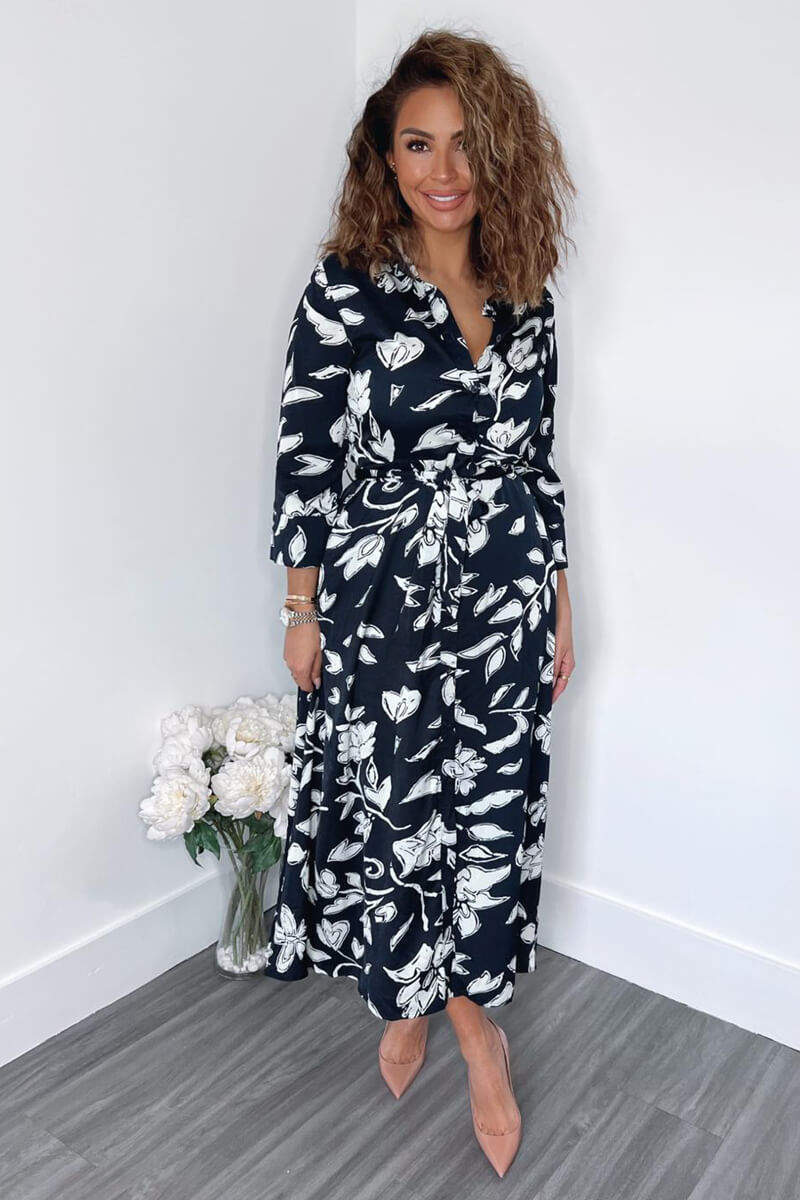 Navy And White Floral Printed Midi Shirt Dress - Image 6