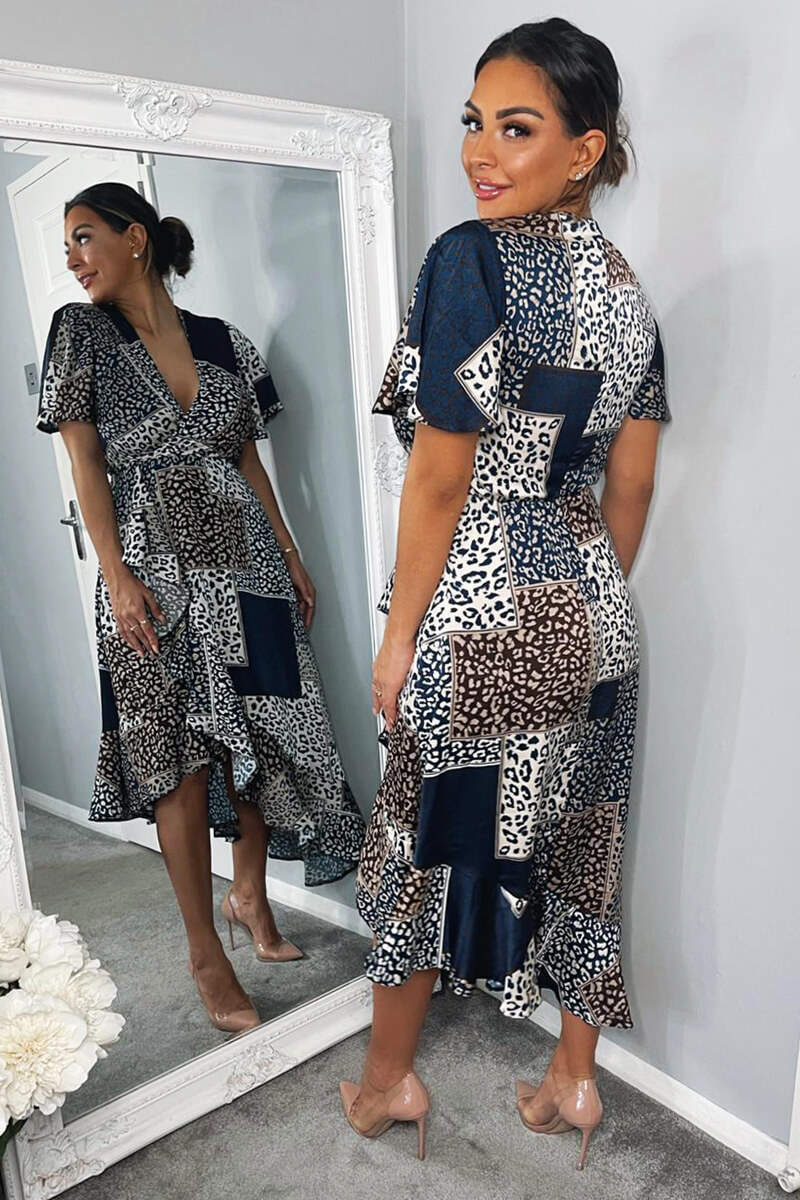 Navy Animal Print Patchwork Wrap Midi Dress - Image 2
