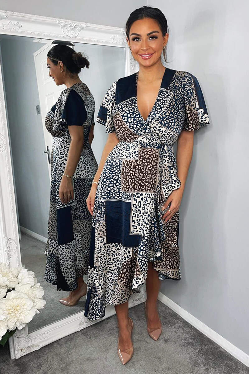 Navy Animal Print Patchwork Wrap Midi Dress - Image 3