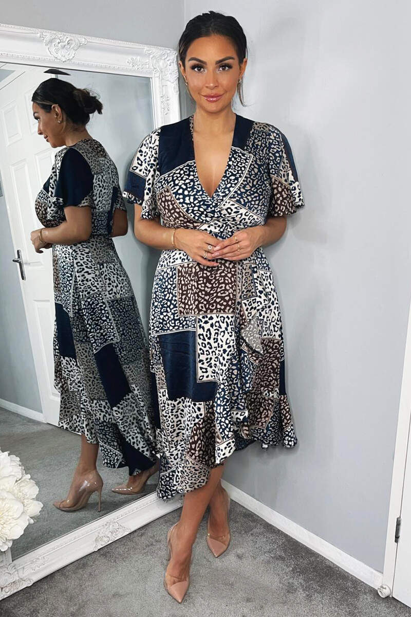 Navy Animal Print Patchwork Wrap Midi Dress - Image 4