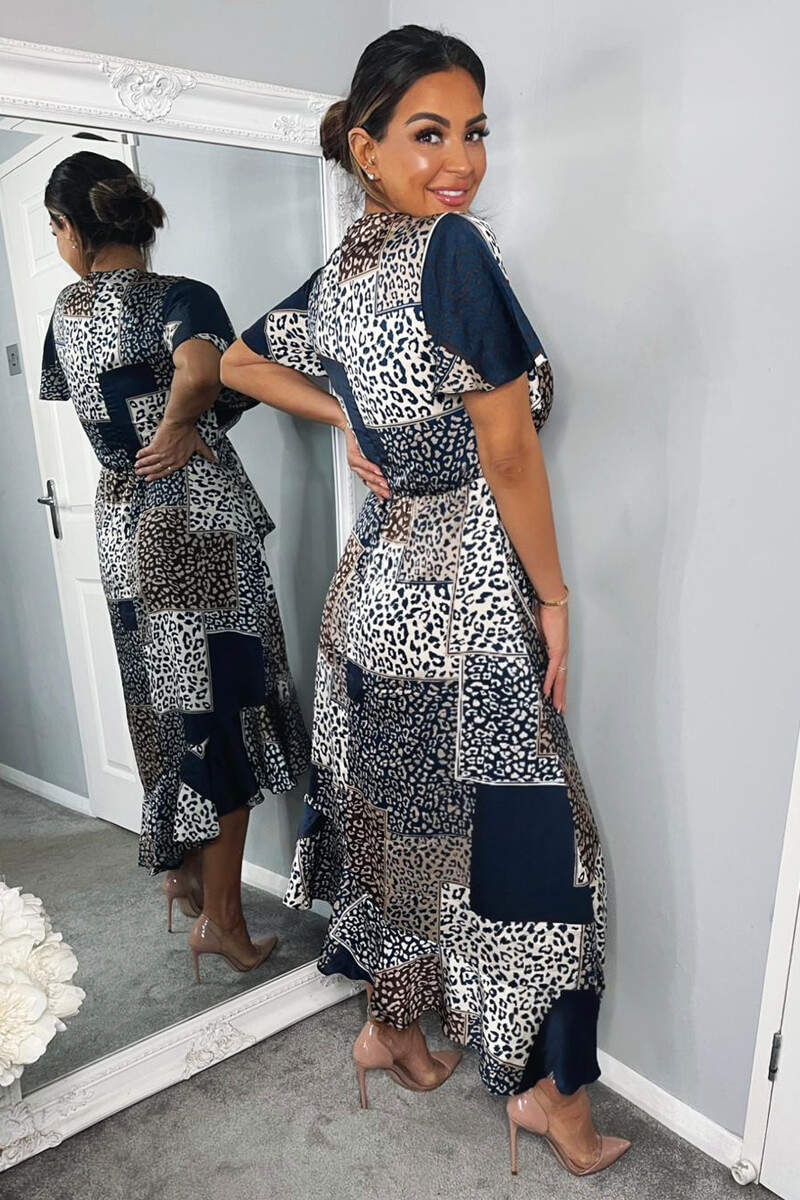 Navy Animal Print Patchwork Wrap Midi Dress - Image 5
