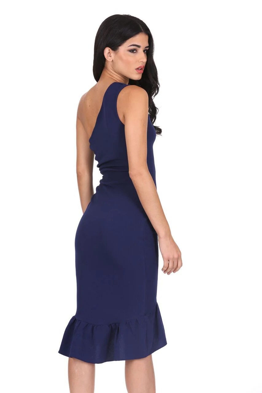 Navy Asymmetric Side Ruched Dress - Image 3
