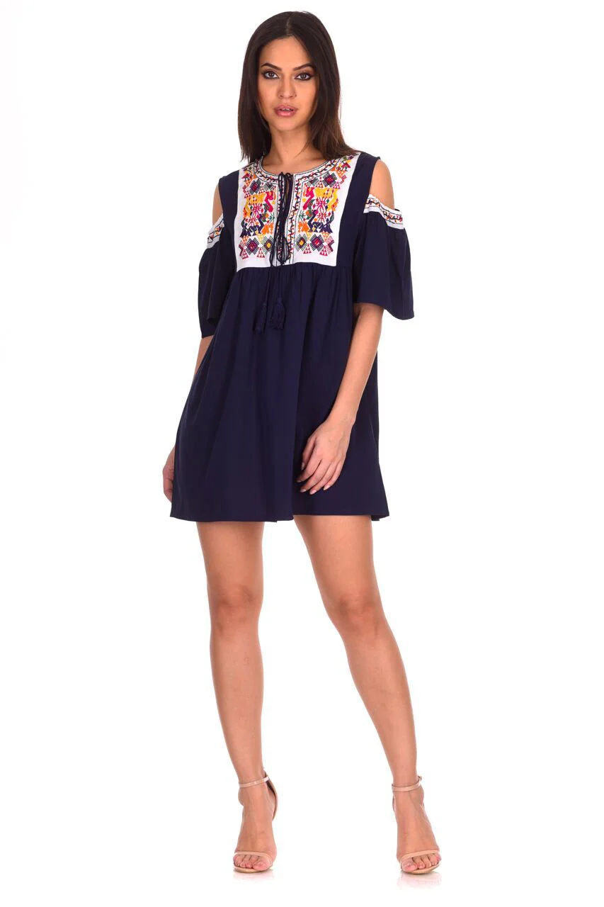 Navy Aztec Cold Shoulder Dress - Image 2