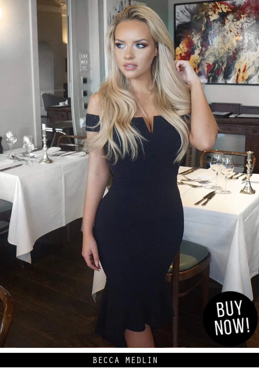 Navy Bardot Fishtail Midi Dress - Image 2