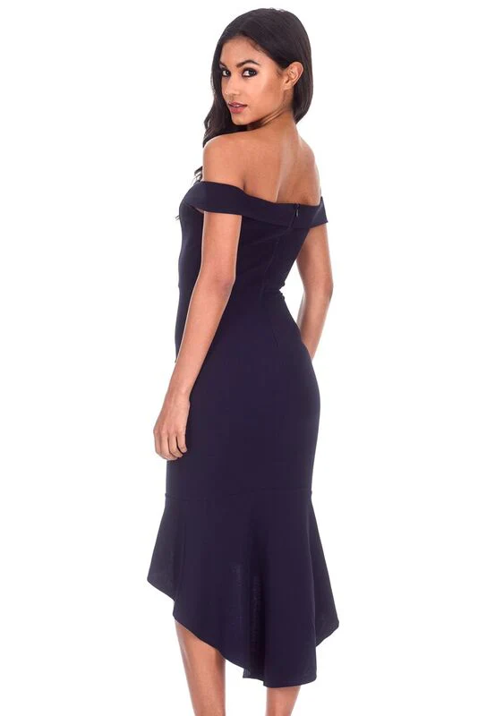 Navy Bardot Fishtail Midi Dress - Image 3