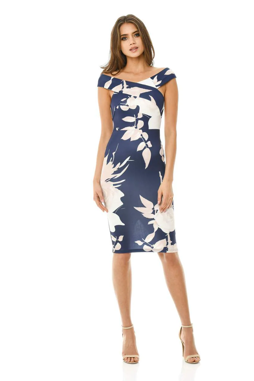 Navy Bardot Floral Bodycon Dress - Image 2