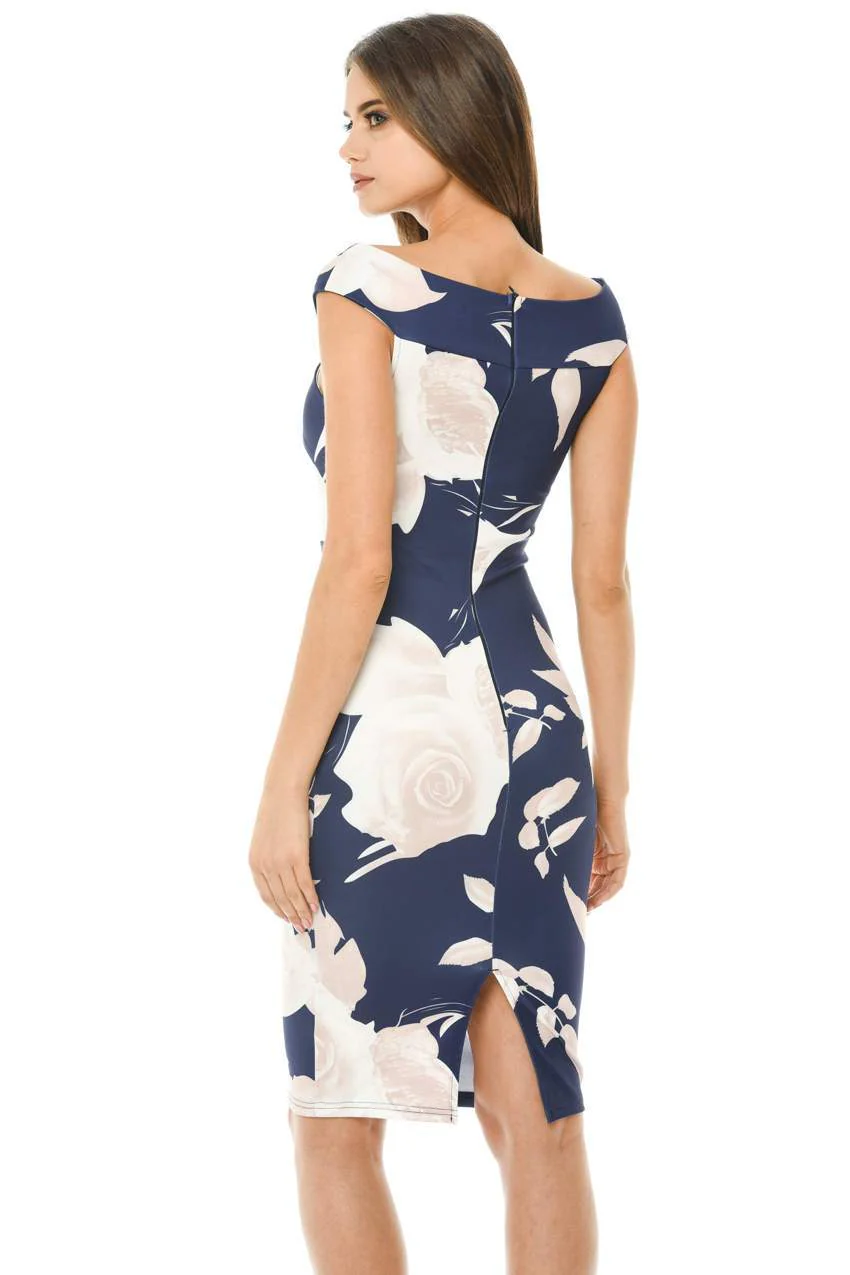 Navy Bardot Floral Bodycon Dress - Image 3