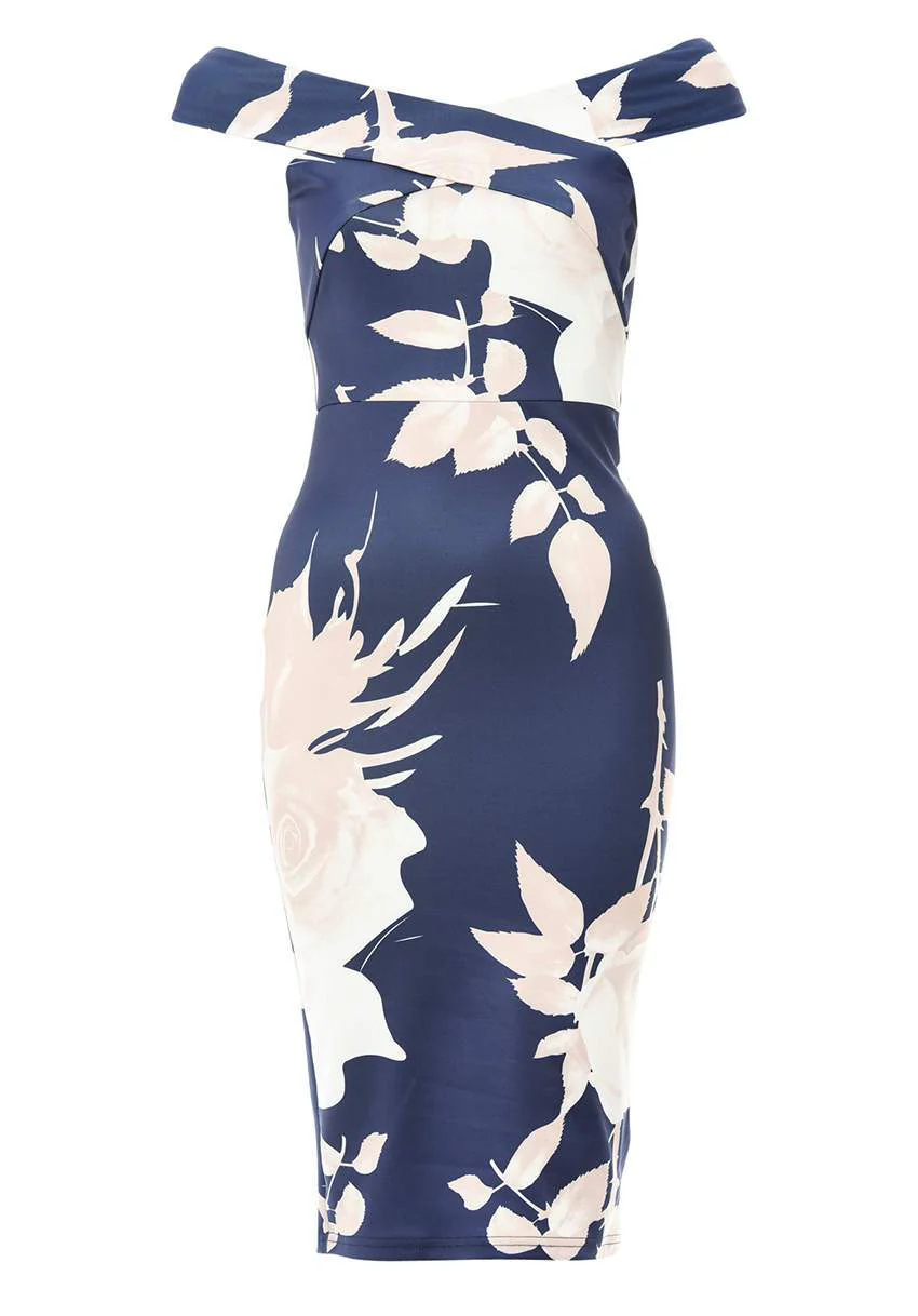 Navy Bardot Floral Bodycon Dress - Image 4