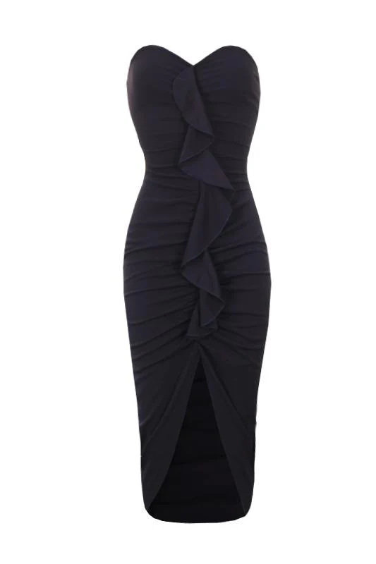 Navy Bardot Frill Detail Midi Dress - Image 4