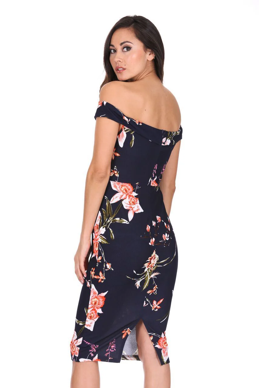 Navy Bardot Notch Front Floral Midi dress - Image 3