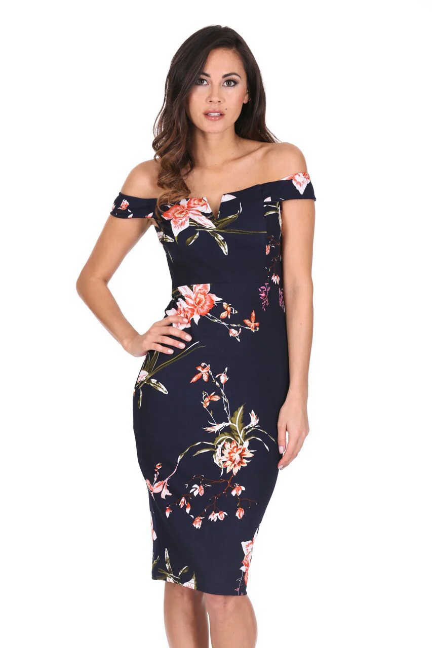 Navy Bardot Notch Front Floral Midi dress - Image 5
