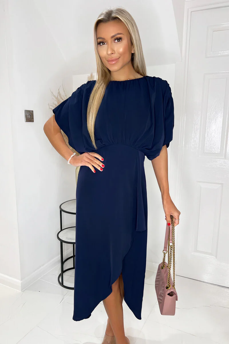 Navy Batwing Top Wrap Skirt Midi Dress - Image 2