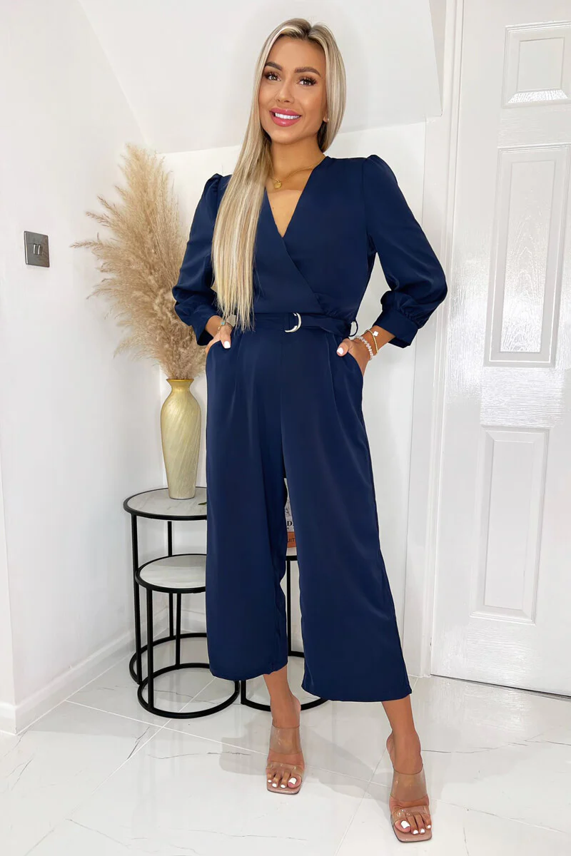 Navy Belted 3/4 Sleeve Jumpsuit - Image 2