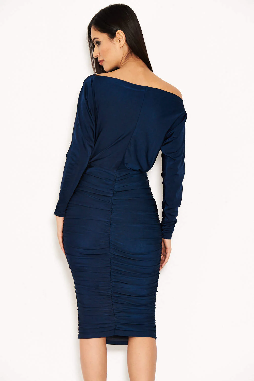 Navy Boat Neck Dress With Ruched Detail - Image 4